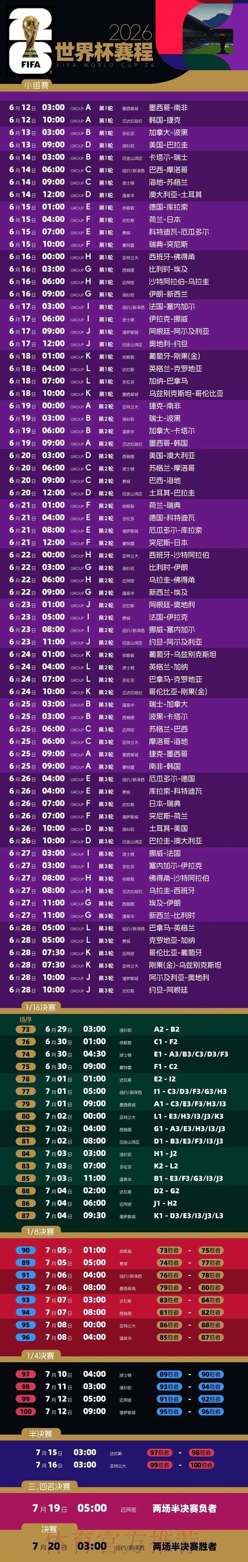 2026世界杯赛程今日最新时间表免费观看 2026世界杯赛程今日最新时间表免费观看